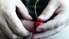 Uncut cock cumming twice on a cherry