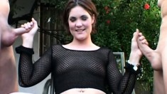 Redhead cutie with sexy tits Kali Stylz jerks off two big rods at once