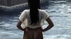 Satomi Stands In The Pool And Moves Her Clothes Around To Give A Show