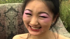 Facialized asian slut swallows