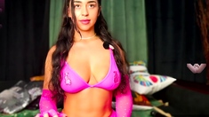 Busty curly brunette with big boobs fucks on couch