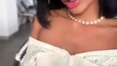 Amateur busty brunette masturbates and does hand job