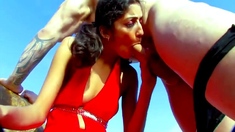 Pale blonde and tanned brunette lesbians toying and licking
