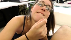 Sexy brunette with glasses wants to pleas her boss